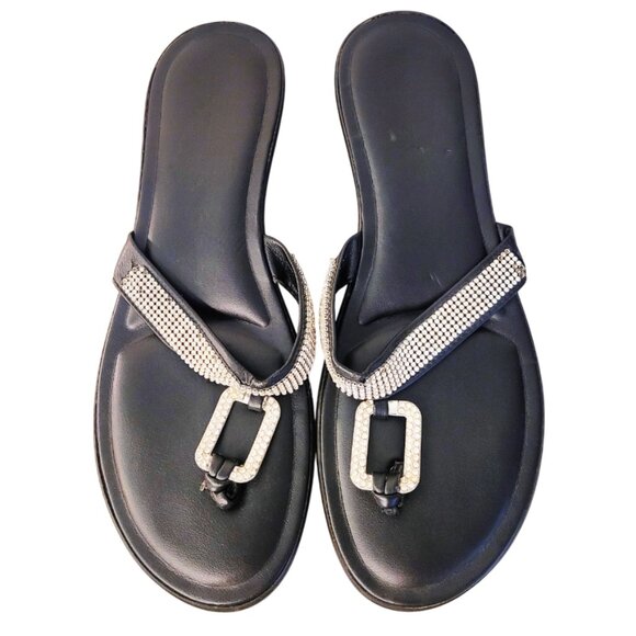 Sparkly Bedazzled Black Kitten Heel Slingback Flip Flop Sandals women's size 8 - Picture 1 of 8